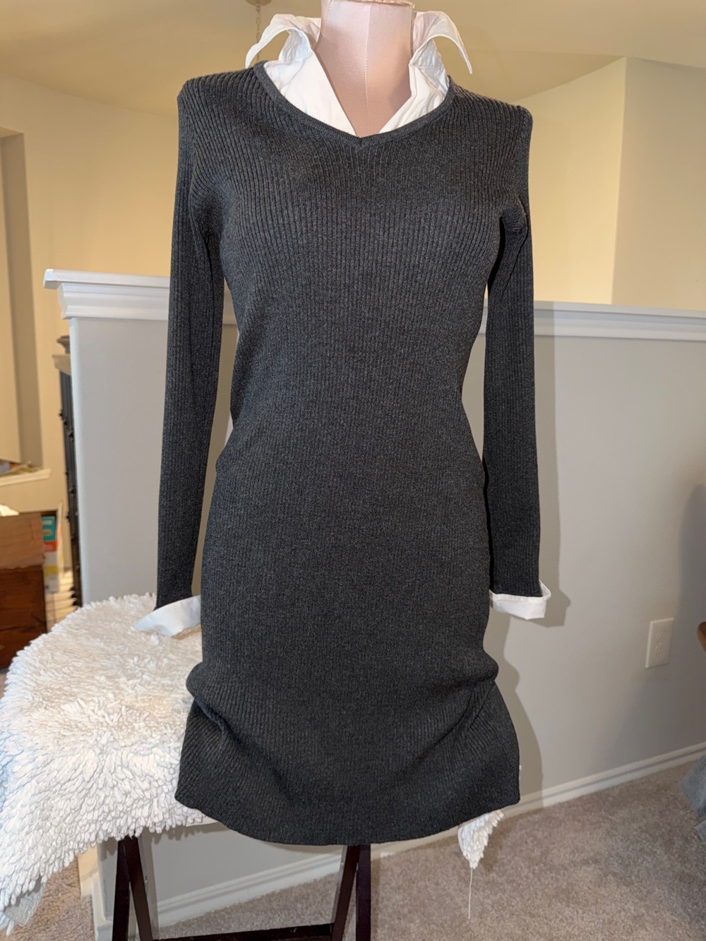 AB Studio Charcoal Gray Ribbed Long-Sleeve Knit Dress
